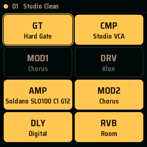 The complete eight-block Taurus chain on the ESP32-S3: gate, compressor, modulation, drive, amp, modulation, delay and reverb